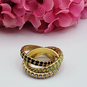 Vintage LANDAU Gold Plated Multicolor Cubic Zirconia 3-Interlocking Ring Size 5